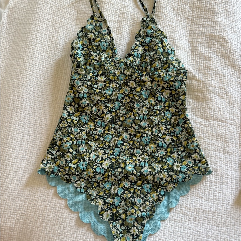 Marysia Swim Blue and Green One Piece with Scalloped Trim